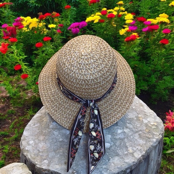 Marcus Adler New York Womens Boho Black Floral Scarf Straw Bucket Sun Hat main image 4